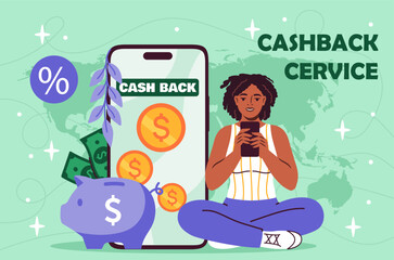 Woman with cashback. Young girl with smartphone receives discount for her purchase. Special offer for regular customers. Electronic Marketing and shopping online. Flat vector illustration