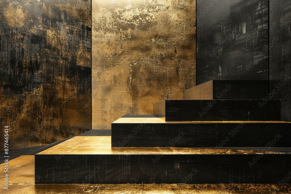 Poster black empty product display podium with golden texture background is perfect for showcasing luxury p