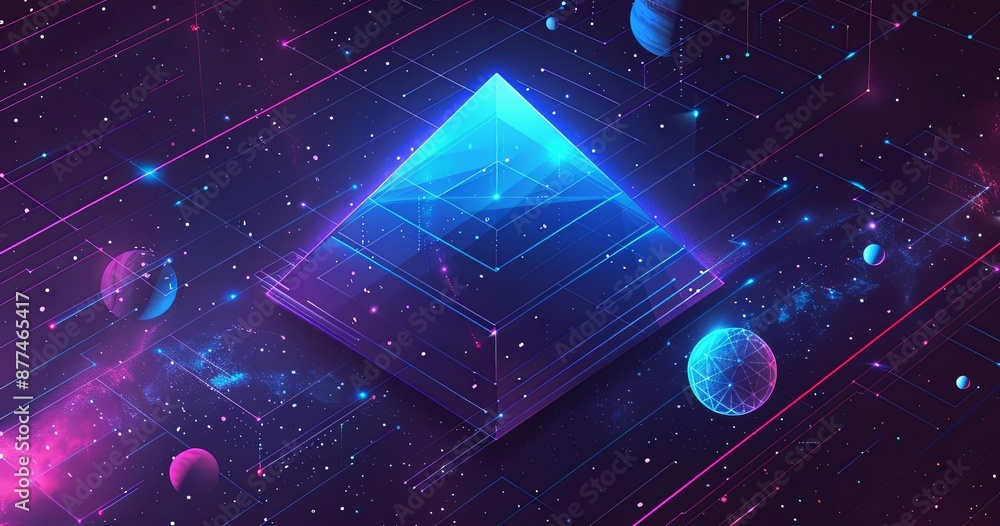Poster futuristic neon pyramid with planets and gridlines in space