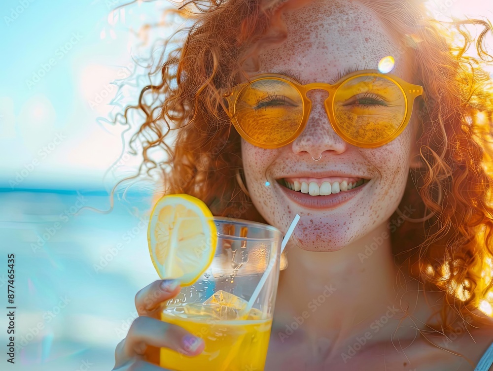 Wall mural joyful woman with orange juice at the beach on a sunny day