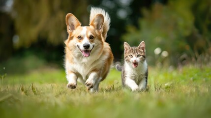 Playful Corgi and Kitten Running in a Green Meadow