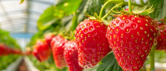 Create an image of teenage farmers harvesting ripe strawberries in a greenhouse
