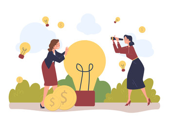 Women with business idea. Young girls in suits next to light bulb. Idea for start up or business project. Aspiration and inspiration. Flat vector illustration isolated on white background