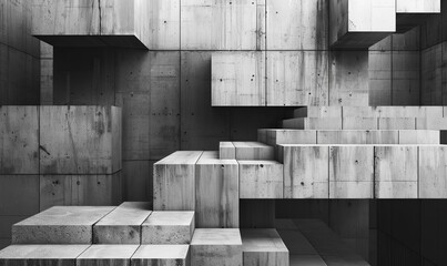 Monochrome Architectural Abstract with Geometric Concrete Blocks