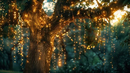 Obraz premium Photo of a mystical tree with hanging lights. Luminous decorations, evening atmosphere, mysterious lighting.