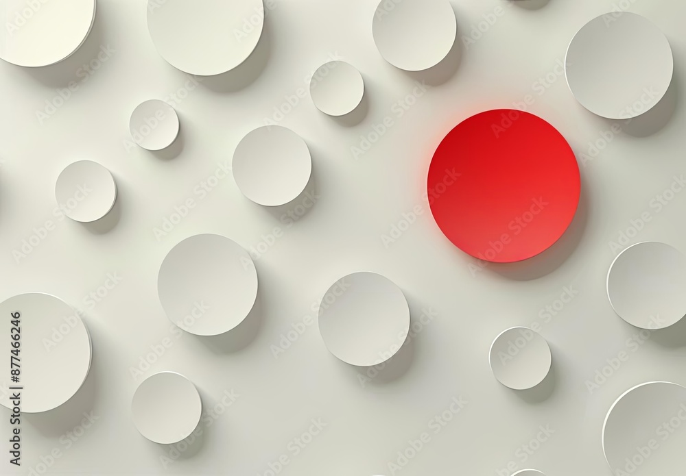 Poster abstract 3d circles with red highlighted circle on white background