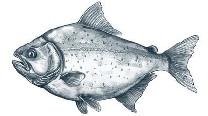 Obraz premium Detailed black and white illustration of a fish, showcasing intricate scales and fins, perfect for nature-themed artwork and educational materials.