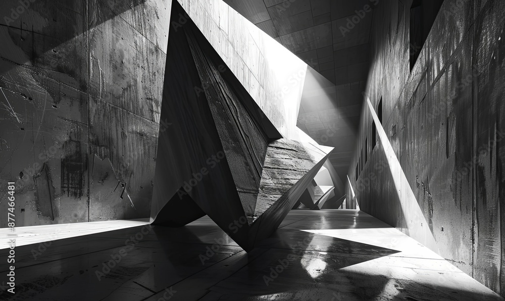 Poster monochromatic abstract geometric structures with dramatic lighting in futuristic setting