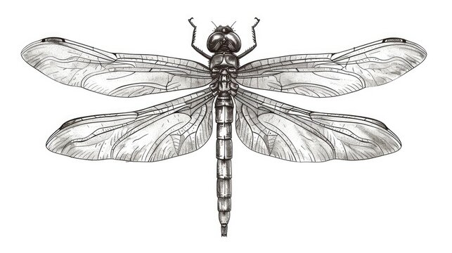 recommend clip art: Detailed black and white illustration of a dragonfly with transparent wings, showcasing intricate patterns and delicate design.