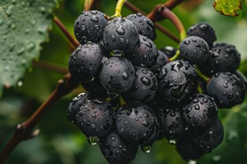 Close up of fresh black grapes hanging on the vine in the vineyard, covered with rain drops