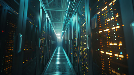 Big data center technology warehouse with rows of illuminated servers, light trails effect Generated AI