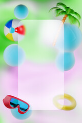 Colorful summer-themed frame with beach ball, sunglasses, palm tree and lifebuoy. 3d rendering