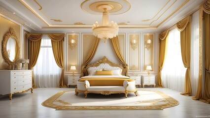 Royal luxury bedroom interior design, golden and white color interior design, luxurious bedroom design of a king palace, home interior decor, photo realistic backgrou