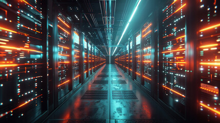 Big data center technology warehouse with rows of illuminated servers, light trails effect Generated AI
