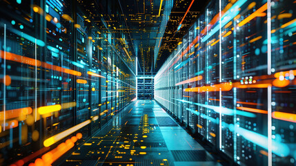 Big data center technology warehouse with rows of illuminated servers, light trails effect Generated AI