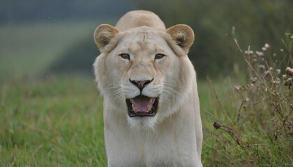 Lioness displays dangerous teeth during light