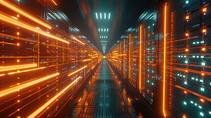 Big data center technology warehouse with rows of illuminated servers, light trails effect Generated AI