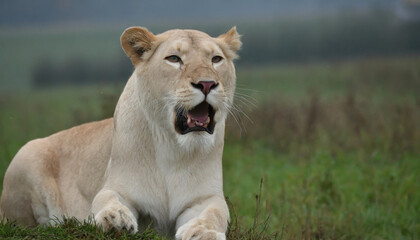 Fototapeta premium Lioness displays dangerous teeth during light