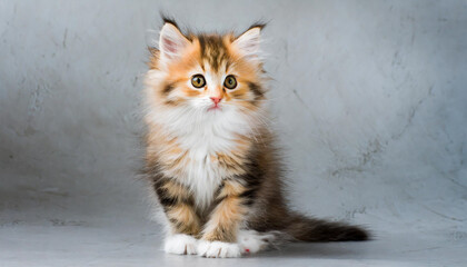 little fluffy kitten on a gray background, nice little kitten looking with big eyes