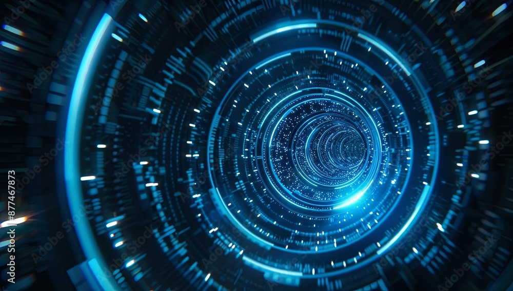 Poster futuristic blue tunnel with digital light patterns and depth