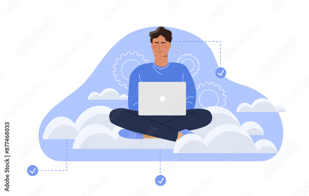 Poster cloud storage concept. man with laptop with electronic storage or archive. computer architecture and
