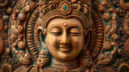 A close-up of a wooden statue of a deity, possibly a representation of Buddha, with intricate carvings and a serene expression.