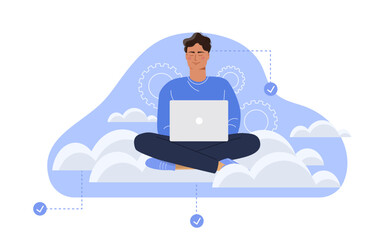 Cloud storage concept. Man with laptop with electronic storage or archive. Computer architecture and infrastructure. Wireless internet connection to files. Cartoon vector illustration
