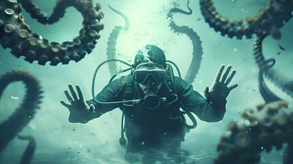 An underwater scene with a scuba diver wearing a full suit and helmet, surrounded by numerous octopuses.