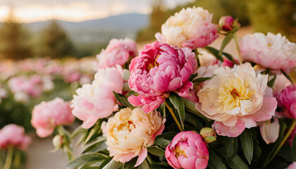 Beautyfull background with pink colorful peonies.Elegant bouquet of a lot of peonies of pink color close up.