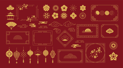 Chinese traditional ornaments frames. Asian decorative borders with lanterns, floral motifs of lotus flower and cherry blossoms. China themed vector elements set. Chinese lunar new year design.