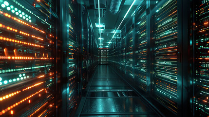 Big data center technology warehouse with rows of illuminated servers, light trails effect Generated AI