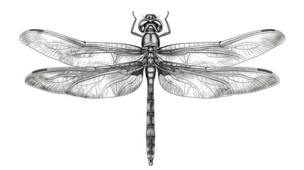 Detailed black and white illustration of a dragonfly with clear wing patterns, showcasing the intricate details of this insect.