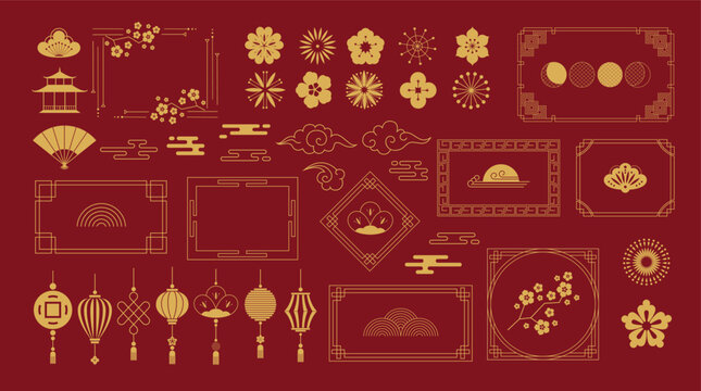 Chinese traditional ornaments frames. Asian decorative borders with lanterns, floral motifs of lotus flower and cherry blossoms. China themed vector elements set. Chinese lunar new year design.