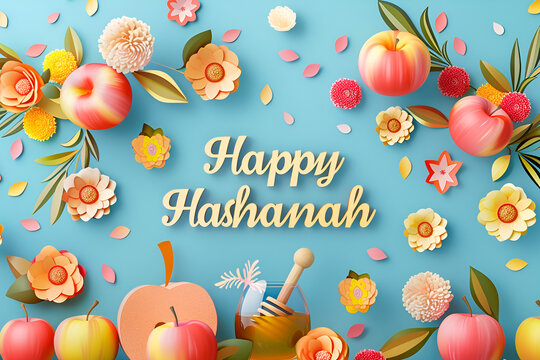 Text Happy Hashanah on pastel blue background