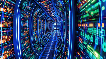 Big data center technology warehouse with rows of illuminated servers, light trails effect Generated AI