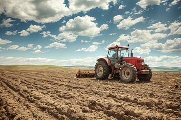Obraz premium Farmer Operating a Red Tractor on a Plowed Field Under a Blue Sky with Clouds