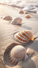 Seashells on the sandy beach in the morning