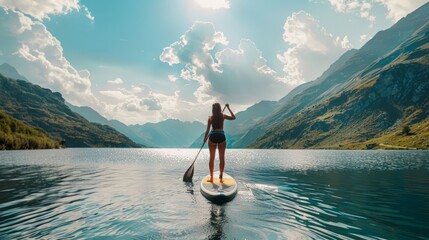A woman on a paddleboard sup against the background of mountains