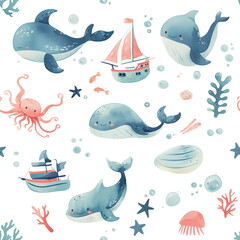 Seamless pattern with whales and ships