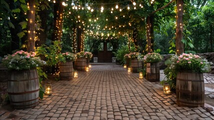 Fototapeta premium A magical garden wedding aisle adorned with ivy, fairy lights, and cobblestones. The enchanting ambiance is perfect for an intimate and romantic evening ceremony under a canopy of greenery