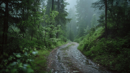Obraz premium A peaceful forest path, dappled with sunlight filtering through the trees, with vibrant green foliage all around 