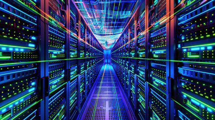 Big data center technology warehouse with rows of illuminated servers, light trails effect Generated AI