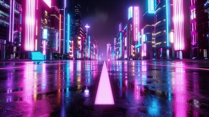 Obraz premium A vibrant cyberpunk cityscape featuring neon lights and holographic billboards reflecting off wet streets. The futuristic setting showcases towering skyscrapers illuminated in bright pink, blue, and p
