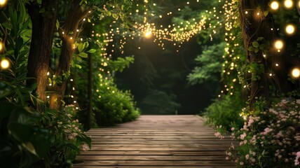 A magical tree-lined path illuminated by a canopy of twinkling fairy lights, creating an enchanting atmosphere. Perfect for evening events, weddings, or romantic garden settings