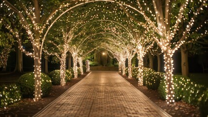 A magical tree-lined path illuminated by a canopy of twinkling fairy lights, creating an enchanting atmosphere. Perfect for evening events, weddings, or romantic garden settings