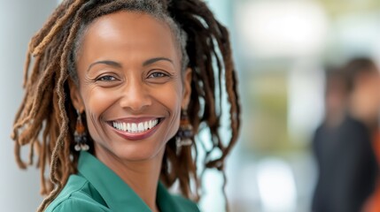 Obraz premium A woman with dreadlocks is smiling and wearing earrings. She is wearing a green shirt. Scene is happy and positive