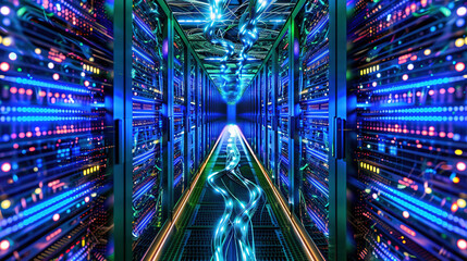 Big data center technology warehouse with rows of illuminated servers, light trails effect Generated AI