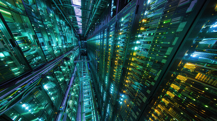 Big data center technology warehouse with rows of illuminated servers, light trails effect Generated AI