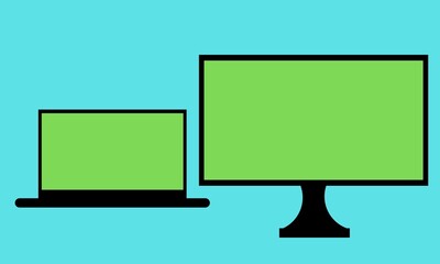 Desktop and tablet with green screens. Device mockup template. Set of computer monitor, computer, laptop, phone, tablet isolated on green background. Flat vector illustration. Flat design devices icon