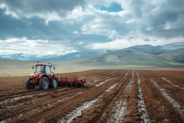 Obraz premium Red Tractor Plowing a Vast Field with Scenic Mountain Backdrop